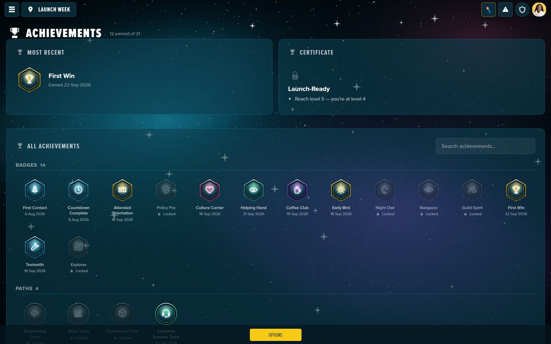 Achievements: badges, paths and ranks, each unlocked by conditions rather than handed out.