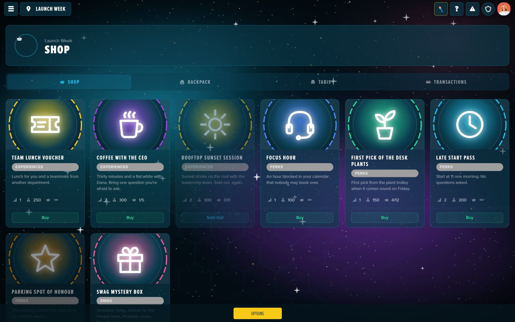 The Item Shop, where BLOO gets spent: stock, level locks and a sold-out item.