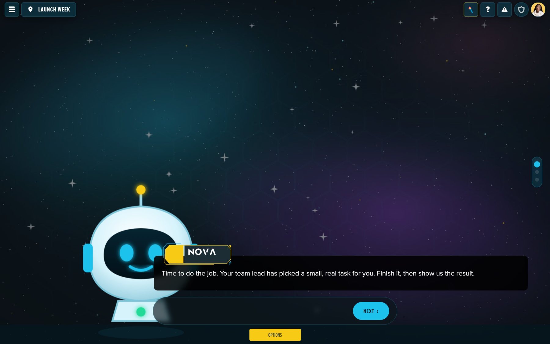 A Milestone being played: Nova, the mission-control guide, walking a new hire through their first ticket.