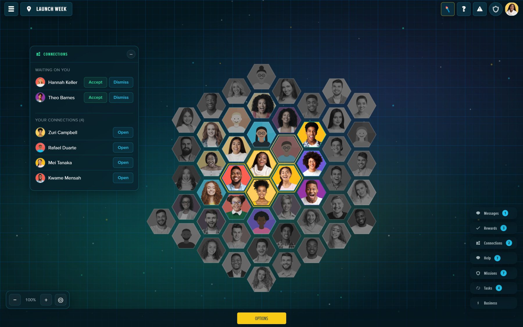 Connections: the one thing you state rather than earn. Mutual, so it has to be accepted.