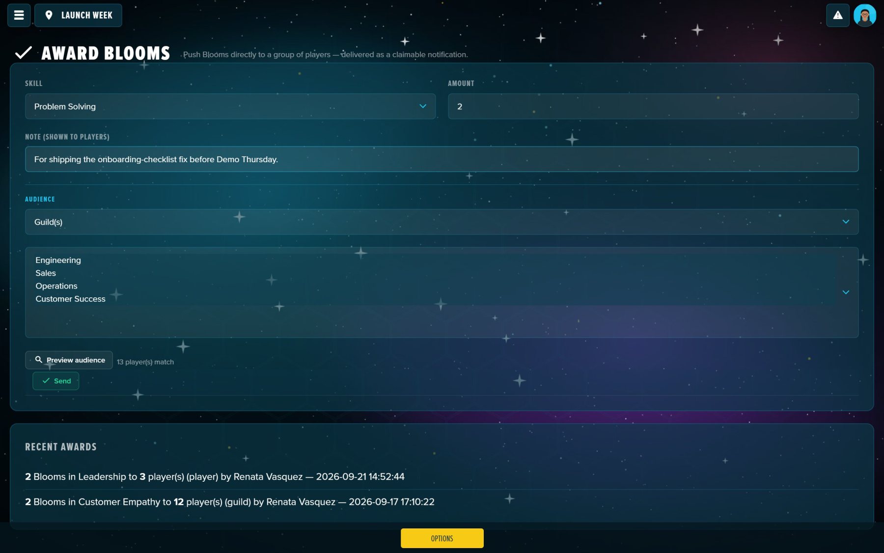 Bulk Bloom Award, with a live count of who matches.