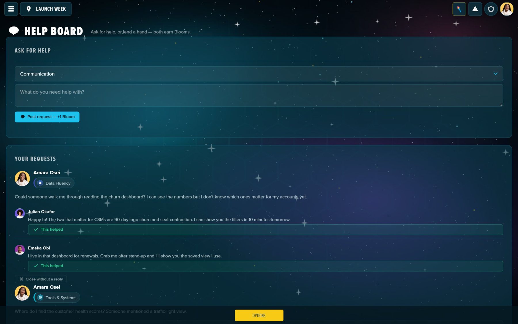The Help Board: every open request in the cohort, tagged by skill.