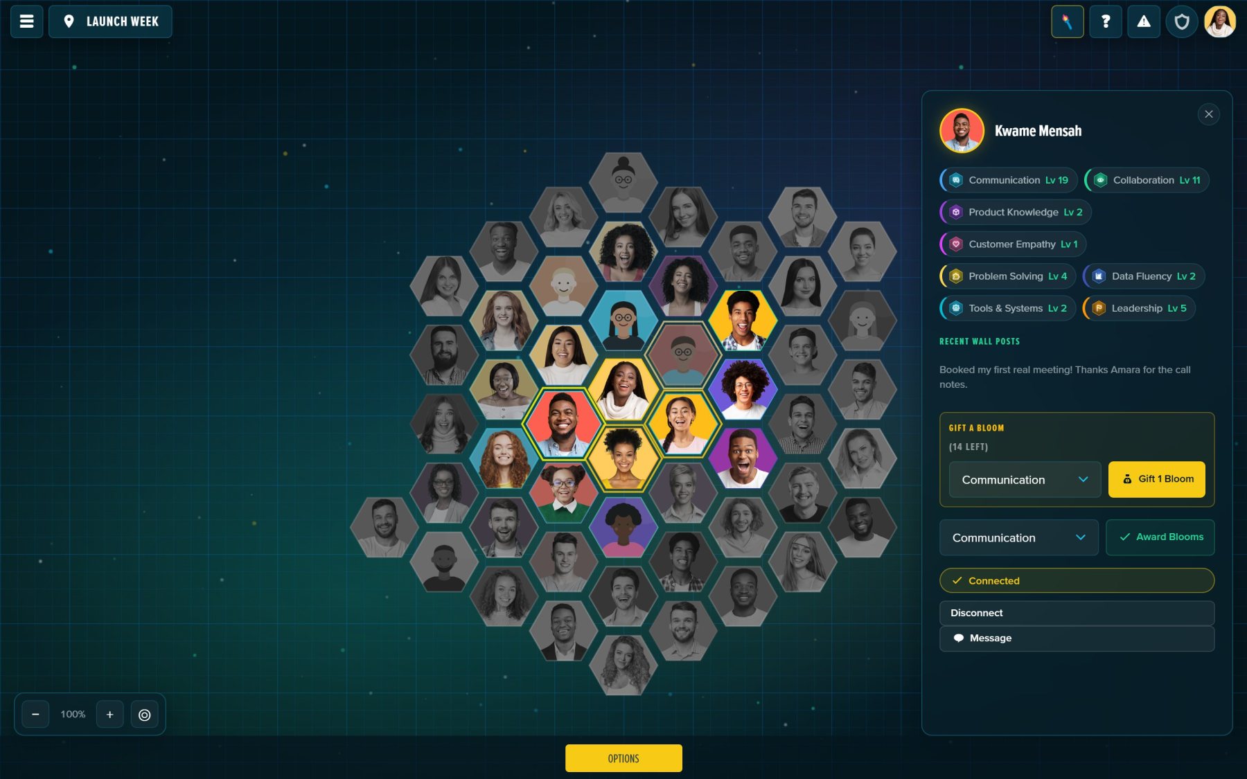 Open anyone’s hexagon: their skills, recent posts, open requests, and what you can do for each other.