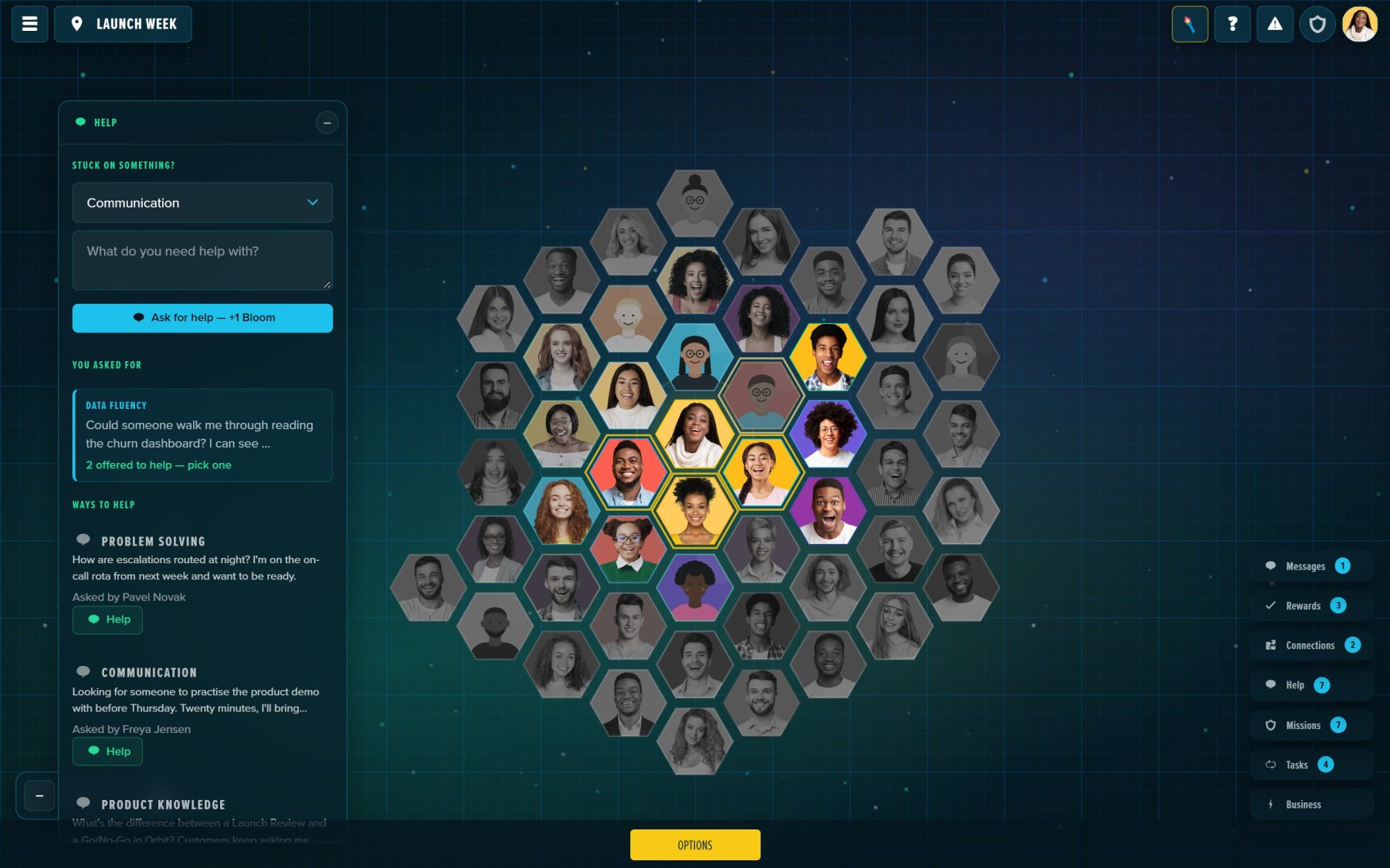 The Help panel: offers waiting on you, then the requests that match your skills.